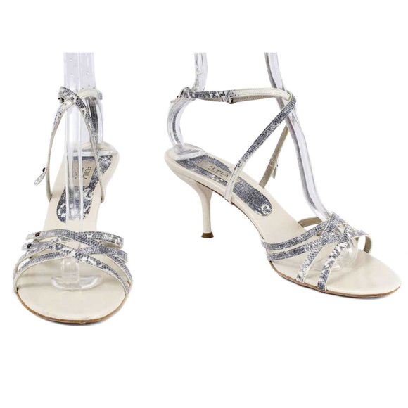 FURLA Blue & Cream Snakeskin Embossed Leather Strappy Ankle Strap Heel Sandals - Picture 1 of 8